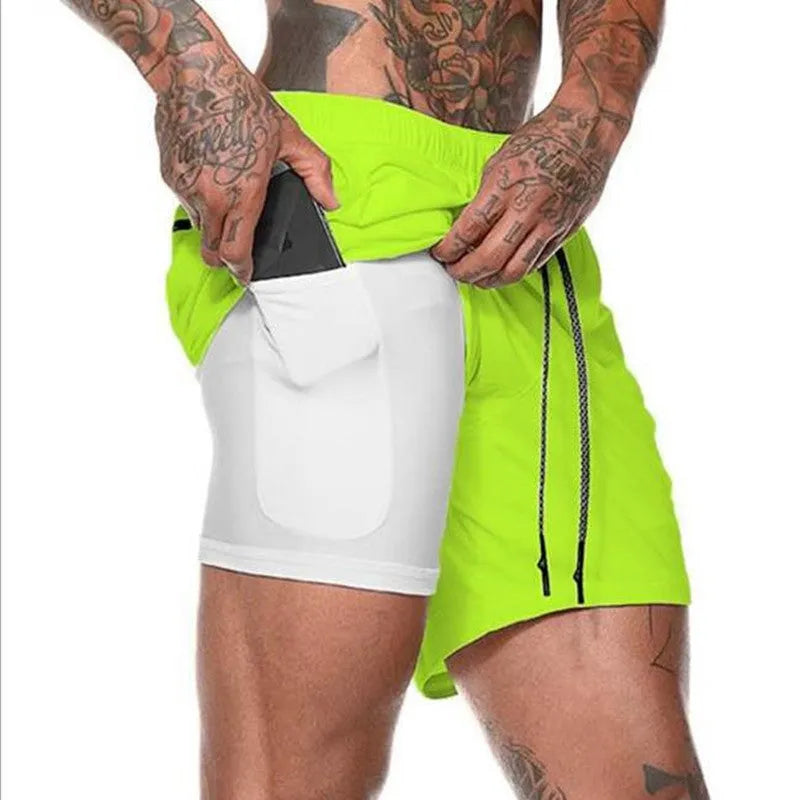 Men's double-layer mesh running shorts in green, five-point length, plus size, with built-in liner