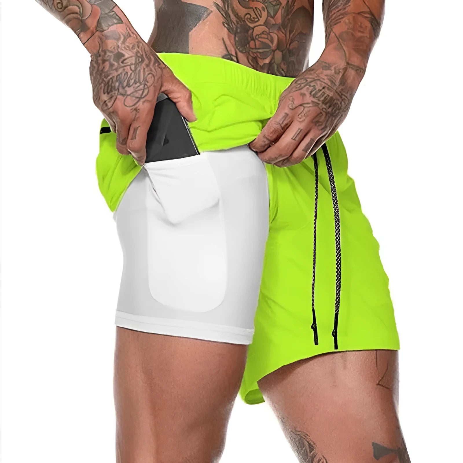 Men's double-layer mesh running shorts in green, five-point length, plus size, with built-in liner