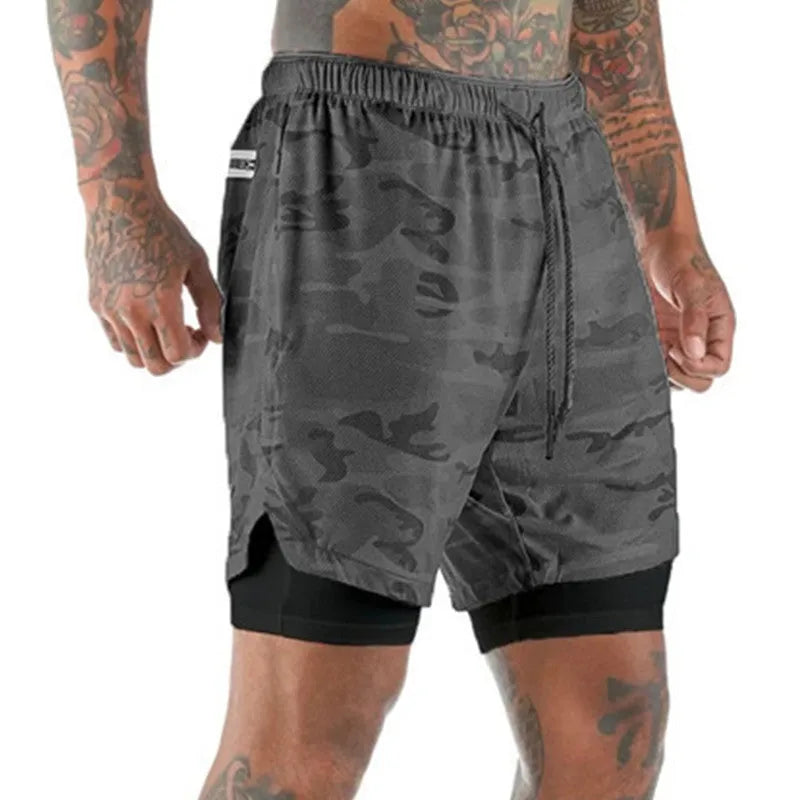 Men's double-layer mesh running shorts in green, five-point length, plus size, with built-in liner