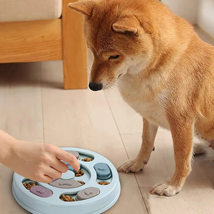 PP dog puzzle feeding bowl with anti-choking slow feeder design in conventional size 25x24.5x3.5cm packaging