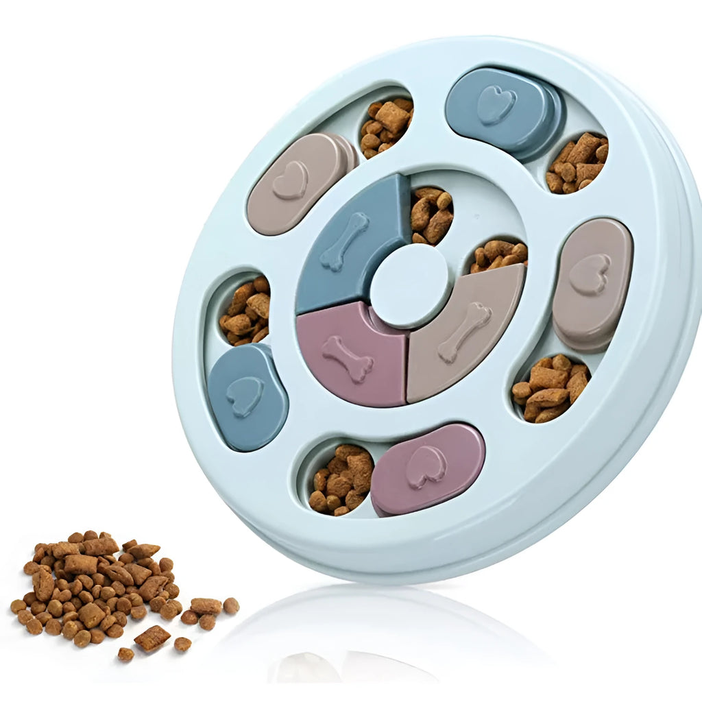 PP dog puzzle feeding bowl with anti-choking slow feeder design in conventional size 25x24.5x3.5cm packaging