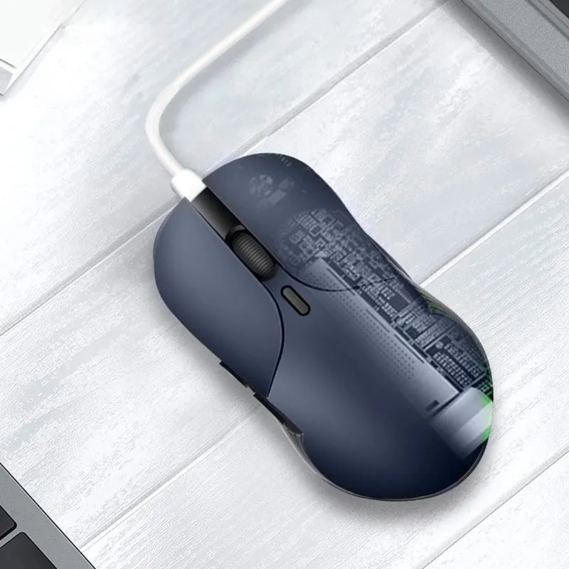 Blue Smart Voice Mouse 2.4G wireless with voice control button on a desk.