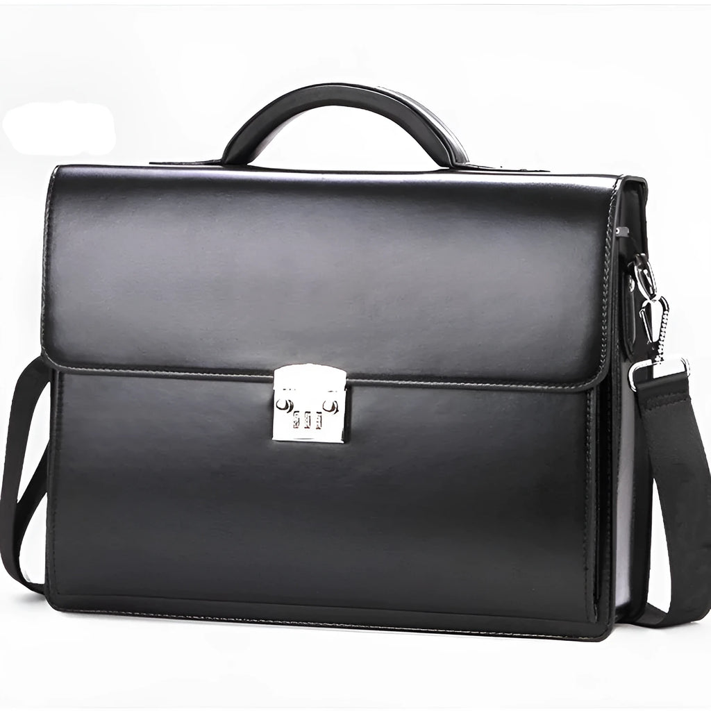 Black horizontal square men's business briefcase made of PU leather with a single handle