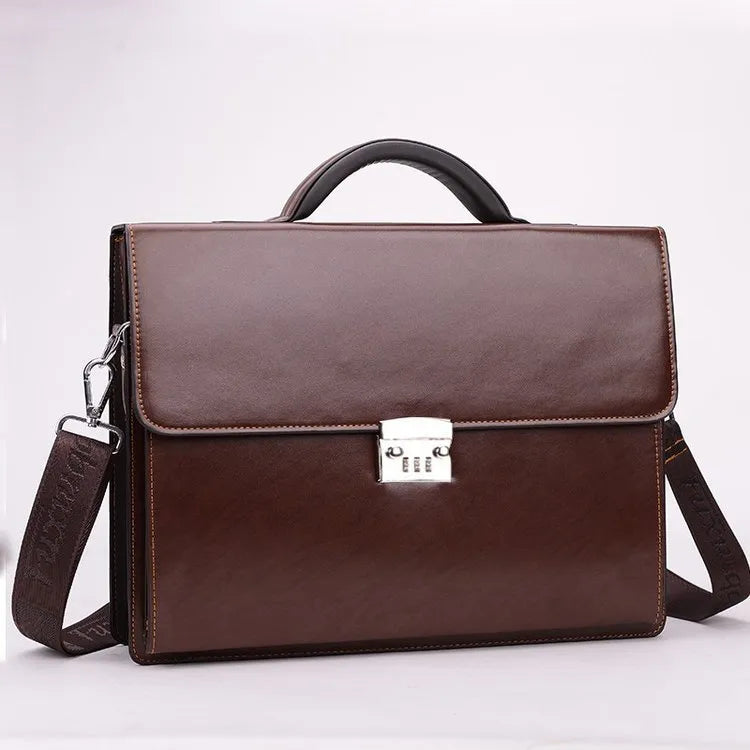 Black horizontal square men's business briefcase made of PU leather with a single handle