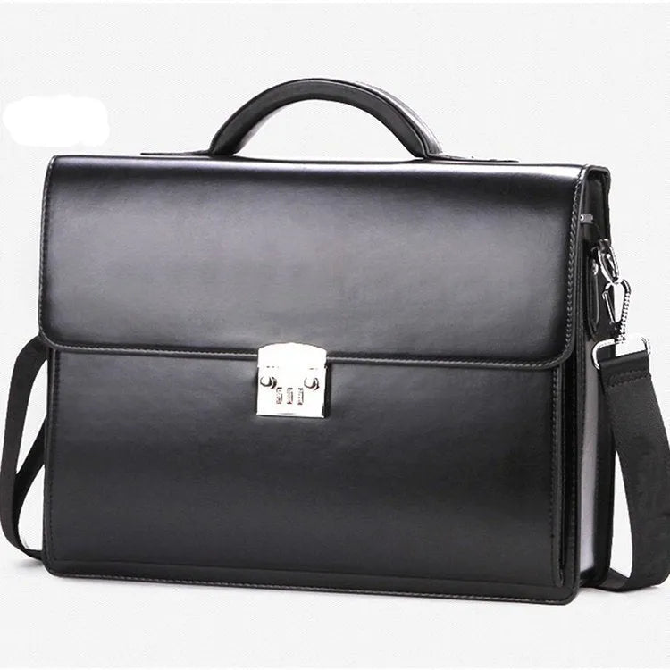 Black horizontal square men's business briefcase made of PU leather with a single handle