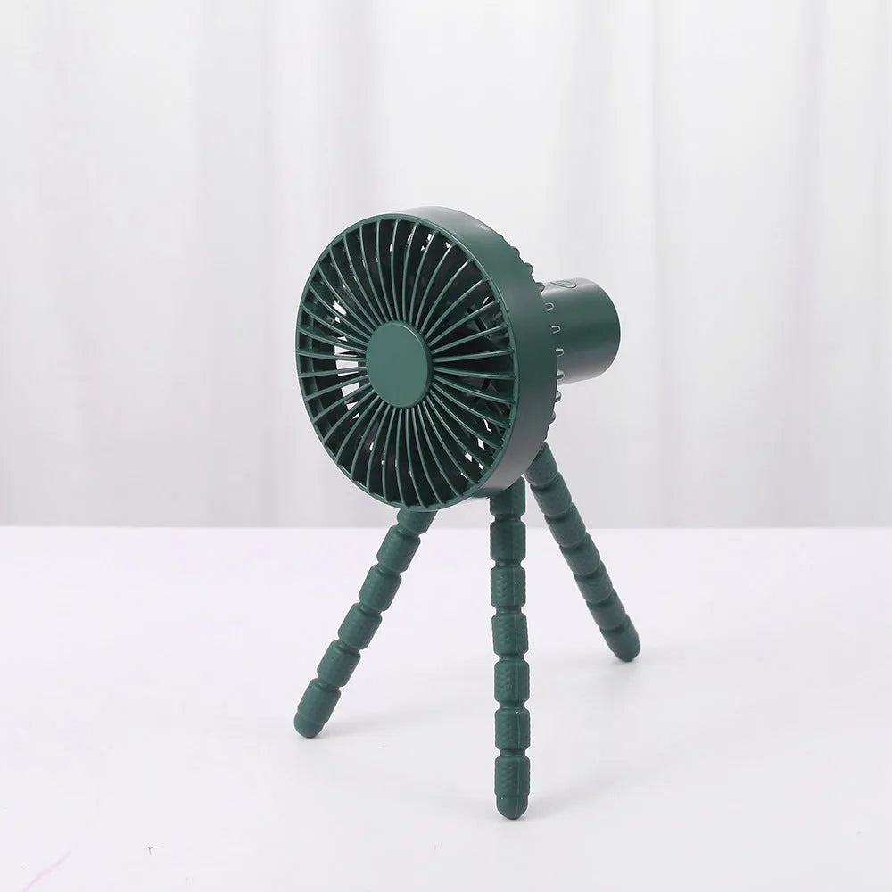 Small adjustable tripod desktop fan with bendable head on octopus stand, shown in white colour.