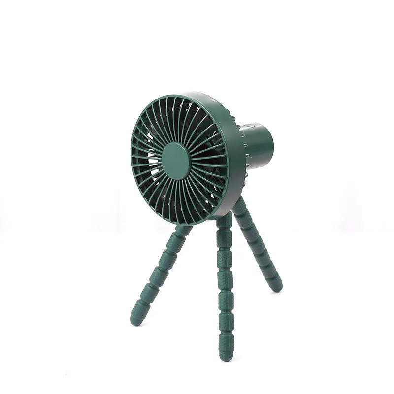 Small adjustable tripod desktop fan with bendable head on octopus stand, shown in white colour.