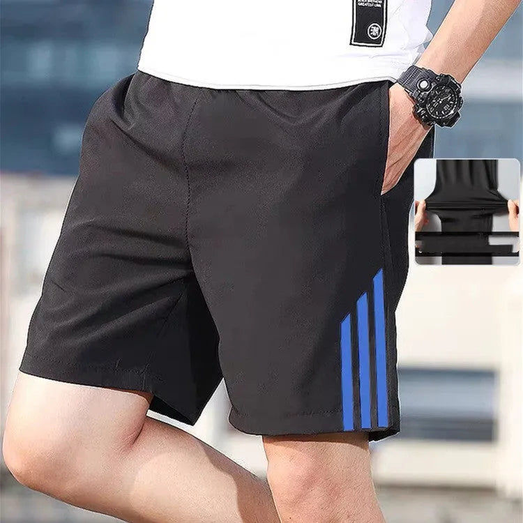 Men's three-bar quick-drying cotton fitness shorts in geometric pattern, blue colour, front view