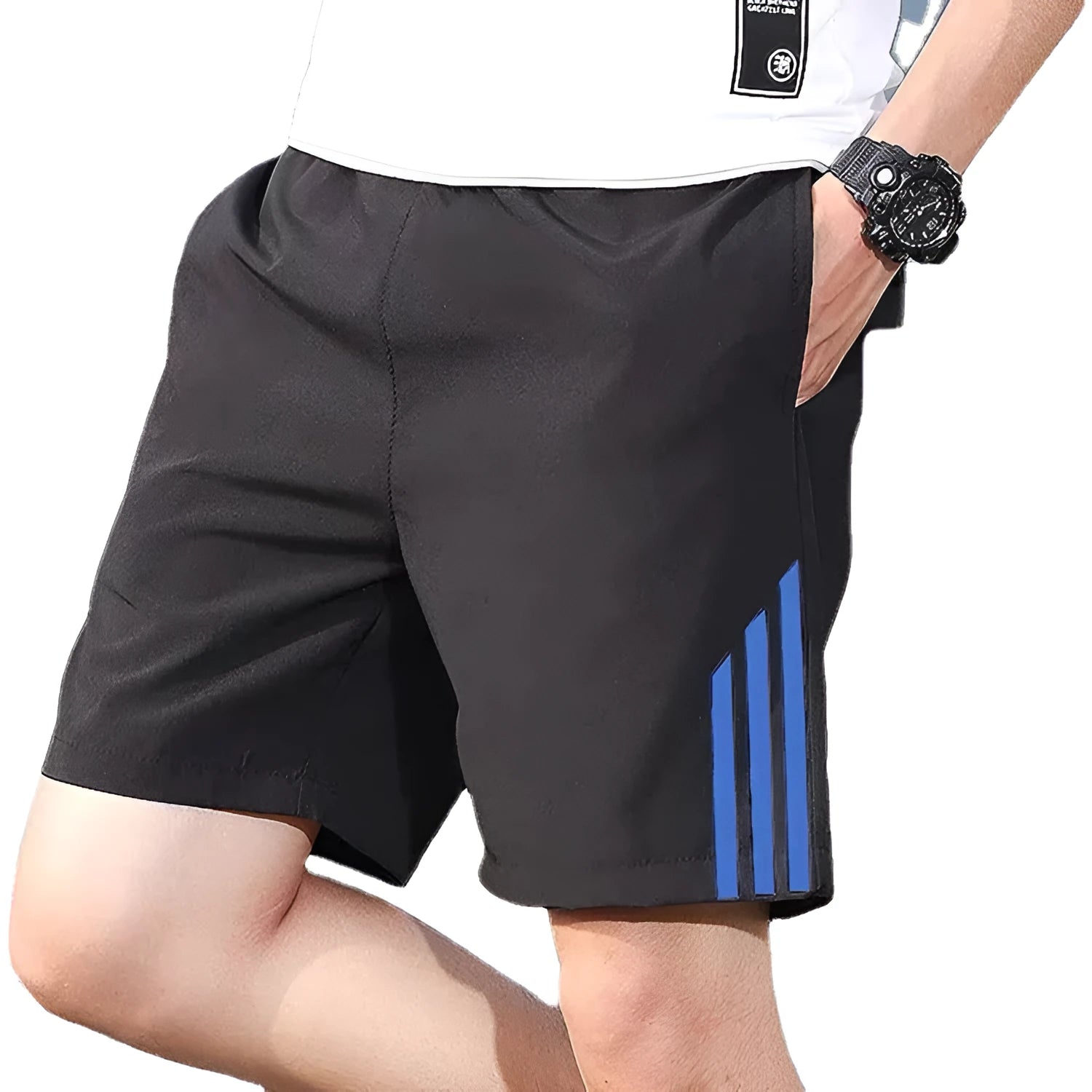 Men's three-bar quick-drying cotton fitness shorts in geometric pattern, blue colour, front view