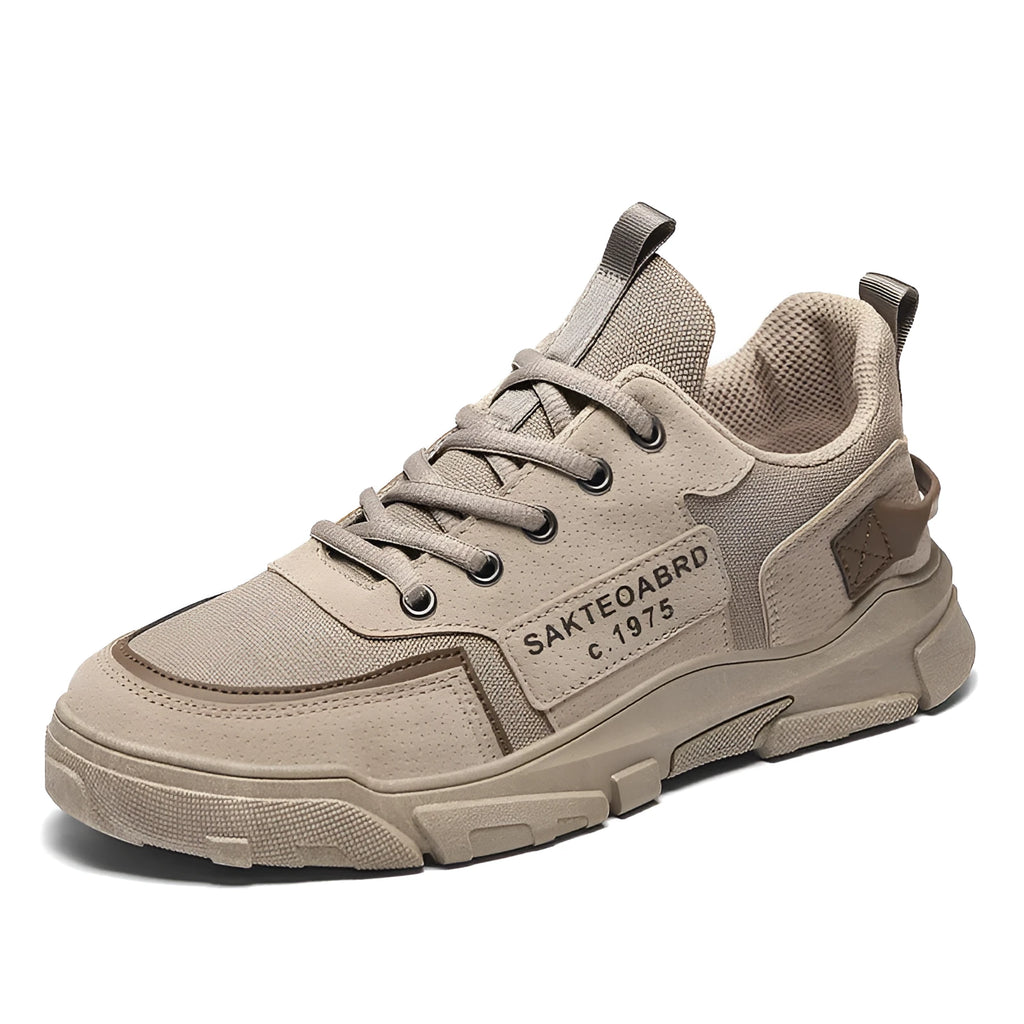Men's casual canvas sneakers in khaki colour, lace up closure, round toe, flat heel, side view