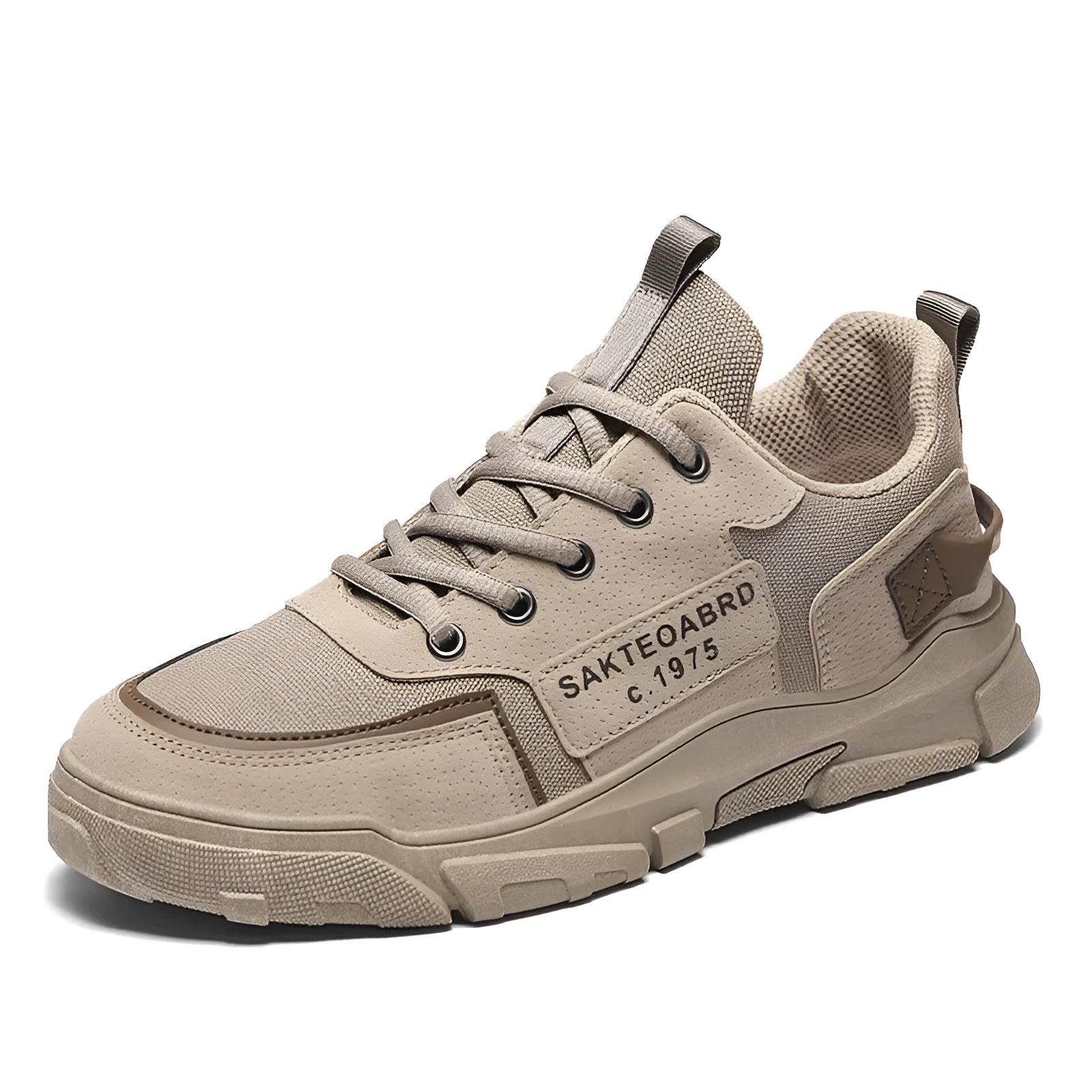 Men's casual canvas sneakers in khaki colour, lace up closure, round toe, flat heel, side view