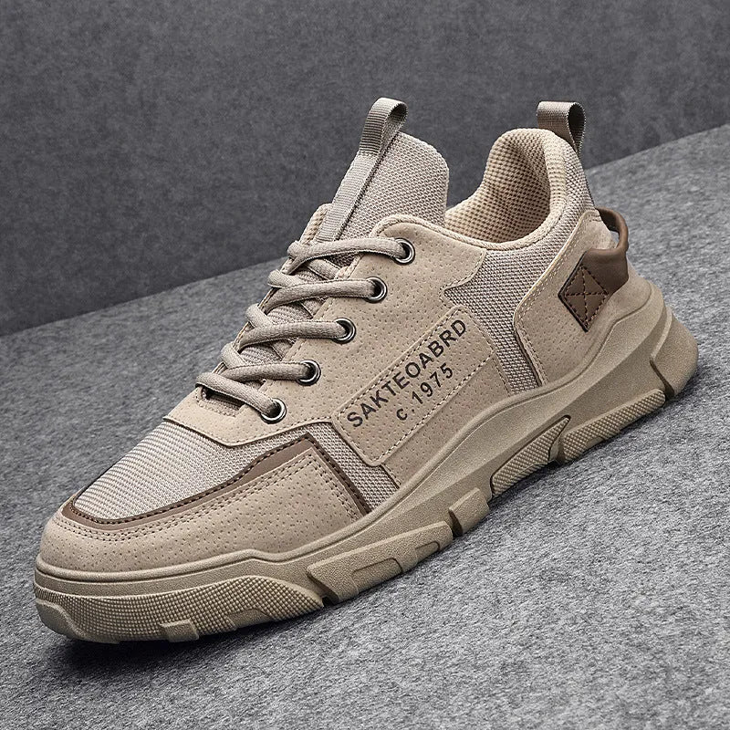 Men's casual canvas sneakers in khaki colour, lace up closure, round toe, flat heel, side view
