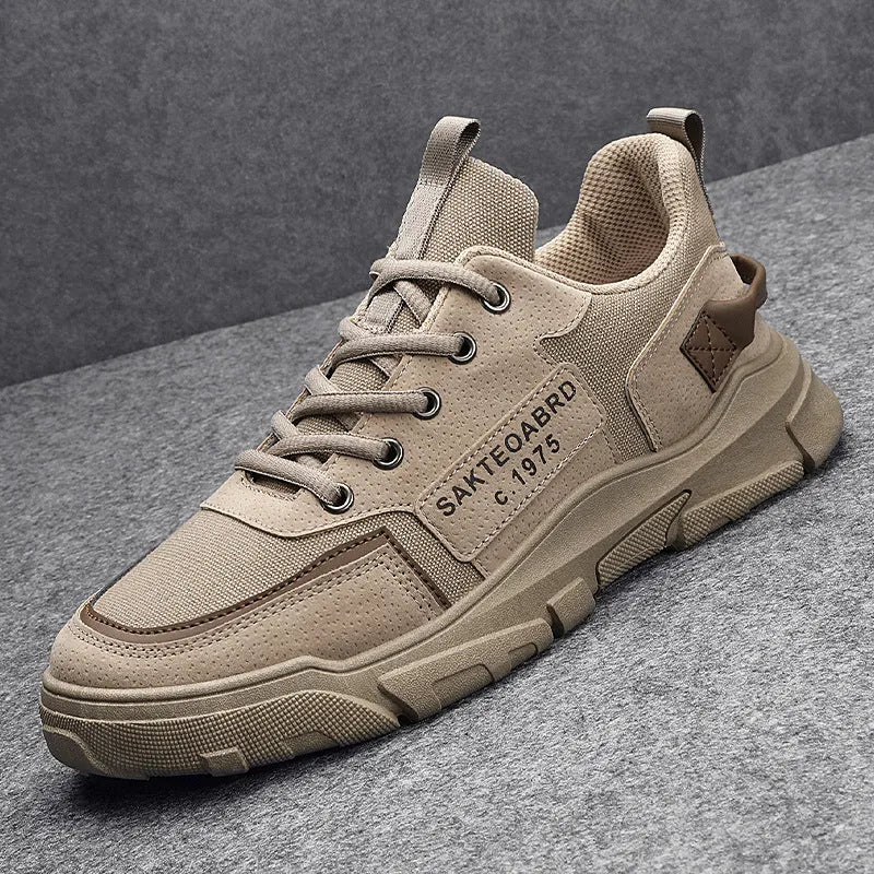 Men's casual canvas sneakers in khaki colour, lace up closure, round toe, flat heel, side view