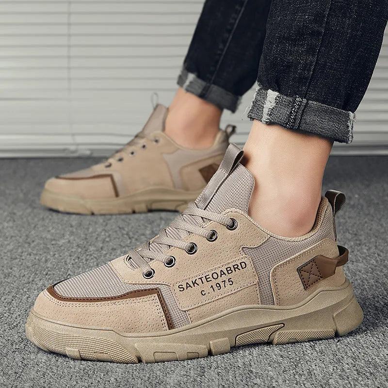 Men's casual canvas sneakers in khaki colour, lace up closure, round toe, flat heel, side view