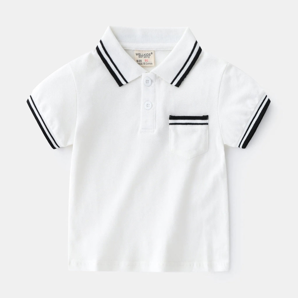 Boys' short sleeve cotton polo t-shirt in white or black, showing round neck and plain front.