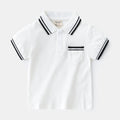 Boys' short sleeve cotton polo t-shirt in white or black, showing round neck and plain front.
