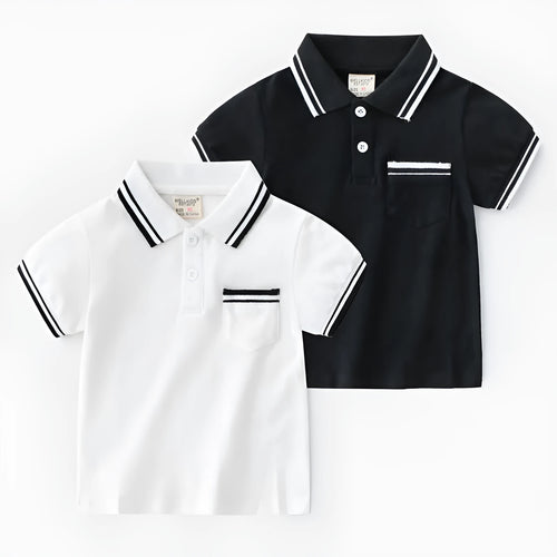 Boys' short sleeve cotton polo t-shirt in white or black, showing round neck and plain front.