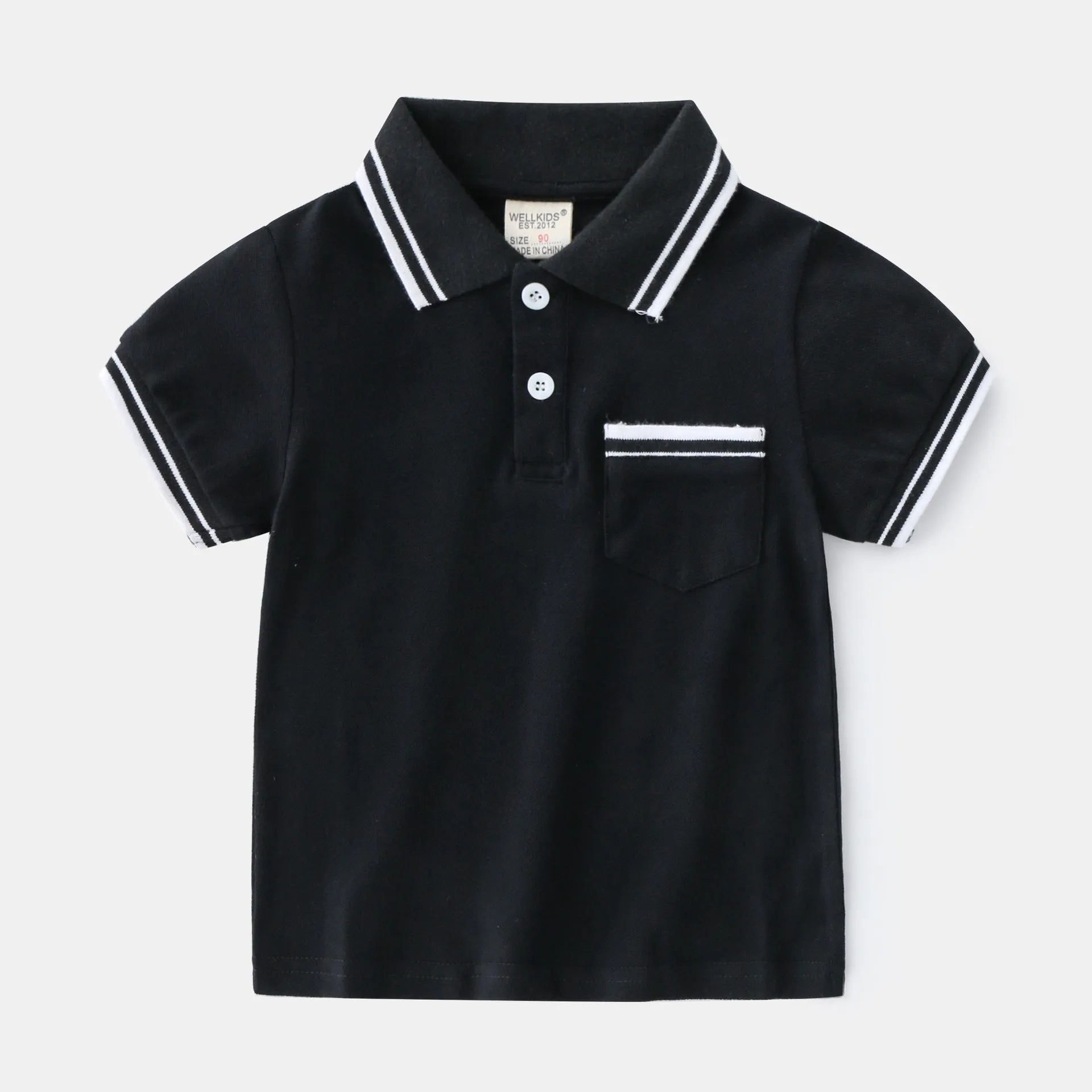 Boys' short sleeve cotton polo t-shirt in white or black, showing round neck and plain front.