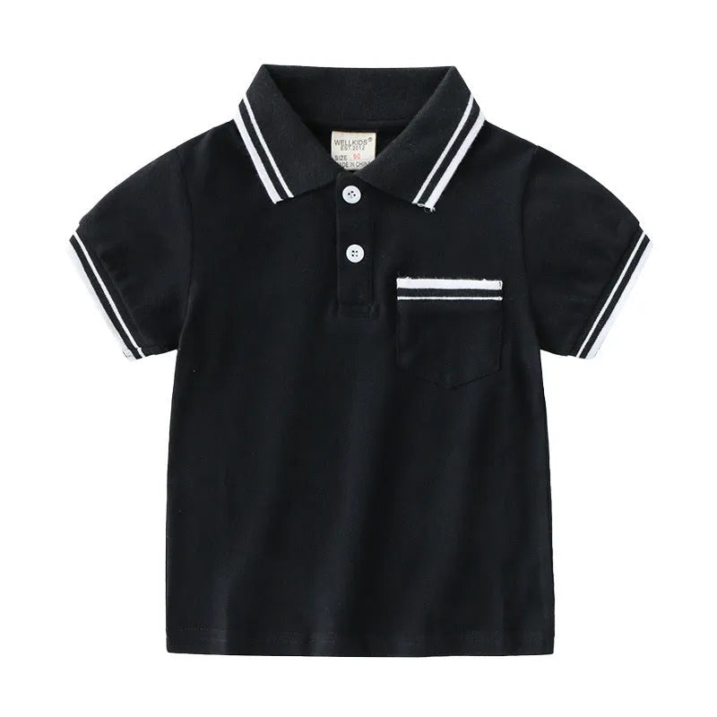 Boys' short sleeve cotton polo t-shirt in white or black, showing round neck and plain front.