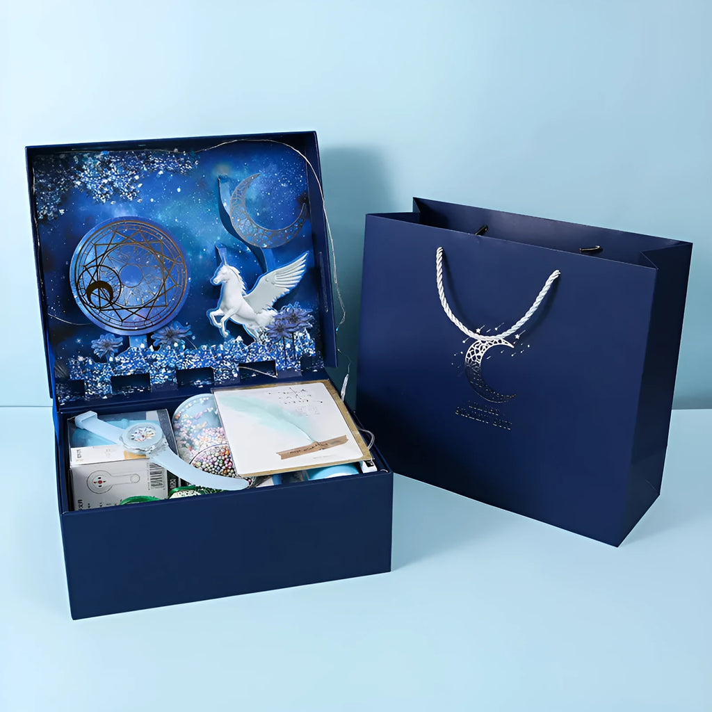 Student stationery set gift box in paper, available in Blue or Pink with Lucky Reindeer or Pegasus Starry Sky theme