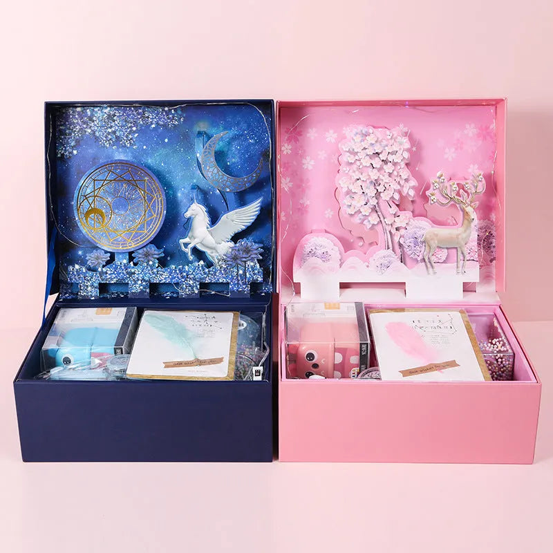 Student stationery set gift box in paper, available in Blue or Pink with Lucky Reindeer or Pegasus Starry Sky theme