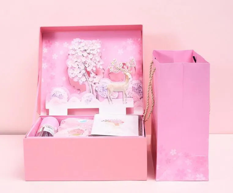 Student stationery set gift box in paper, available in Blue or Pink with Lucky Reindeer or Pegasus Starry Sky theme
