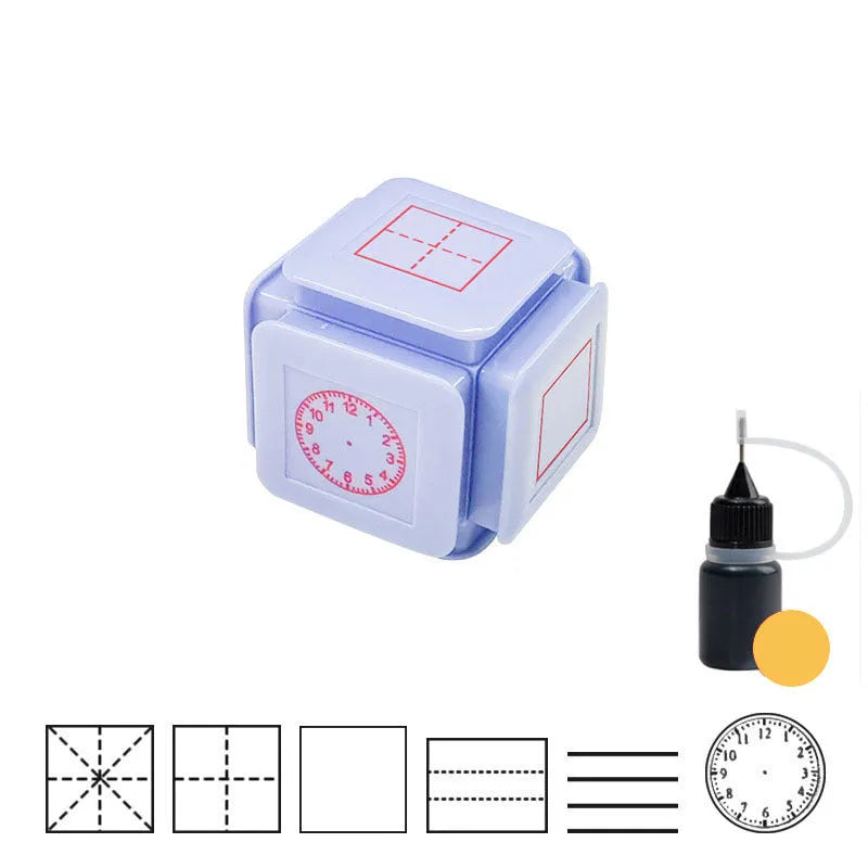 Six-sided Tianzi grid stamp in pink and blue colour options with quick-drying photosensitive technology.