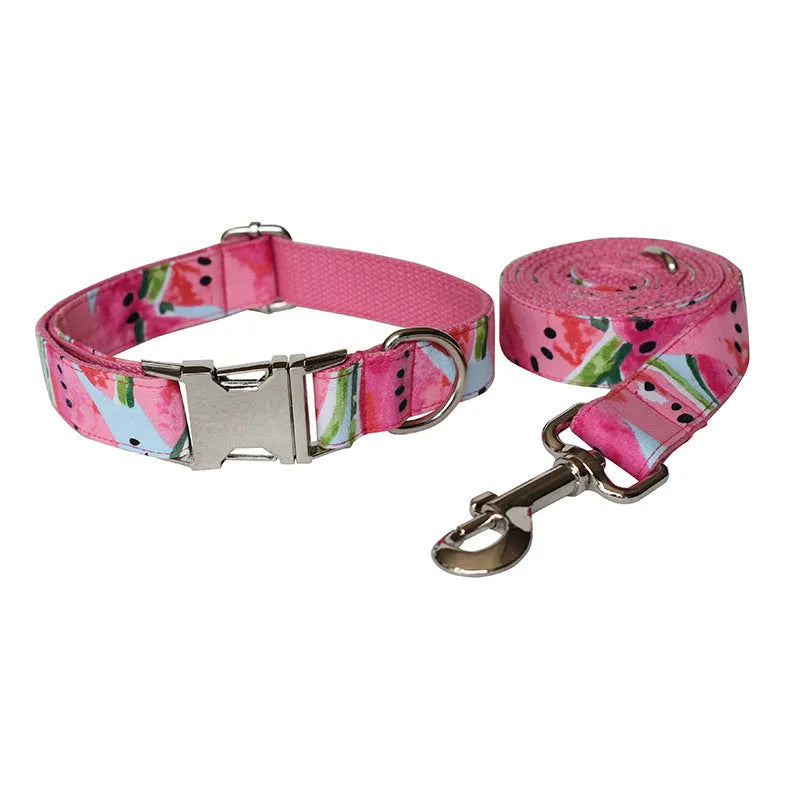 Watermelon Pet Supplies dog collar and leash set with flower pattern and bow knot in polyester, size M