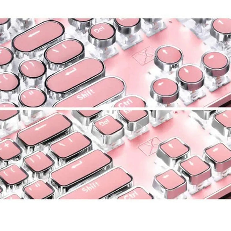 Queen Lipstick mechanical keyboard with green switches, silver and pink design, UK layout keys