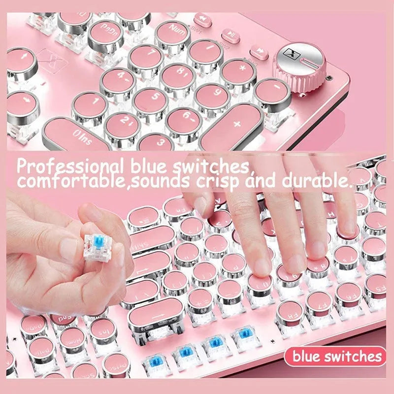 Queen Lipstick mechanical keyboard with green switches, silver and pink design, UK layout keys