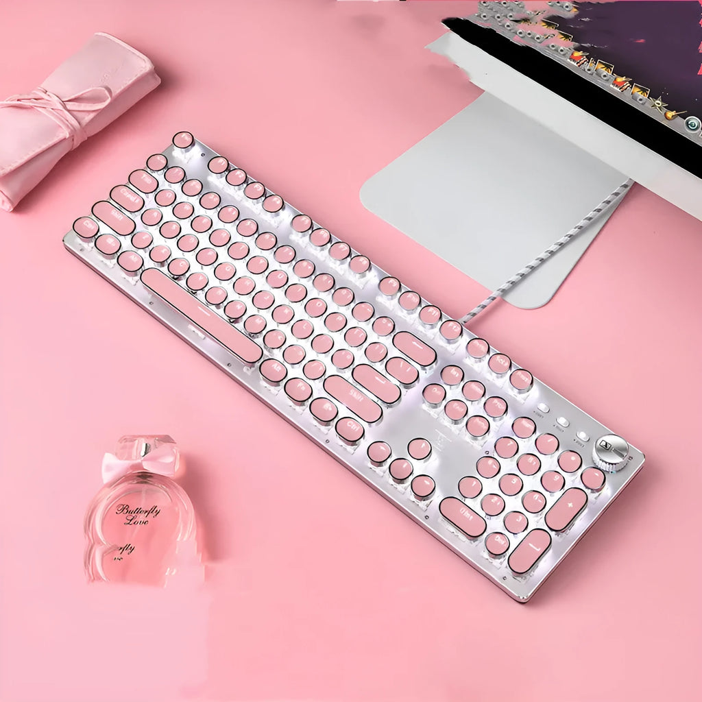 Queen Lipstick mechanical keyboard with green switches, silver and pink design, UK layout keys
