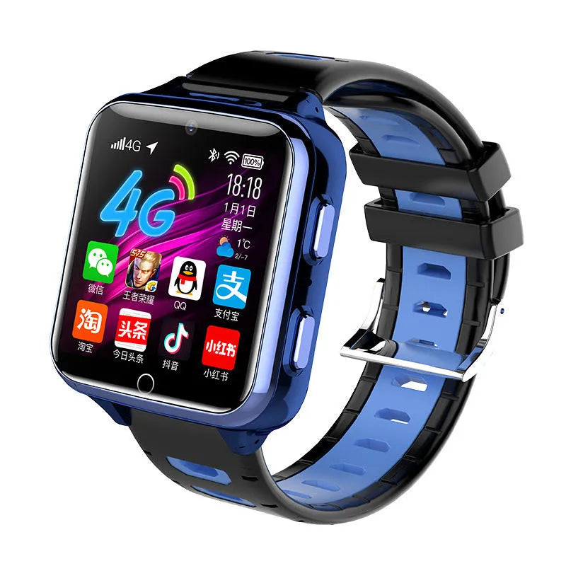 Children's smartwatch with colourful sporty silicone strap showing touch screen display and camera.