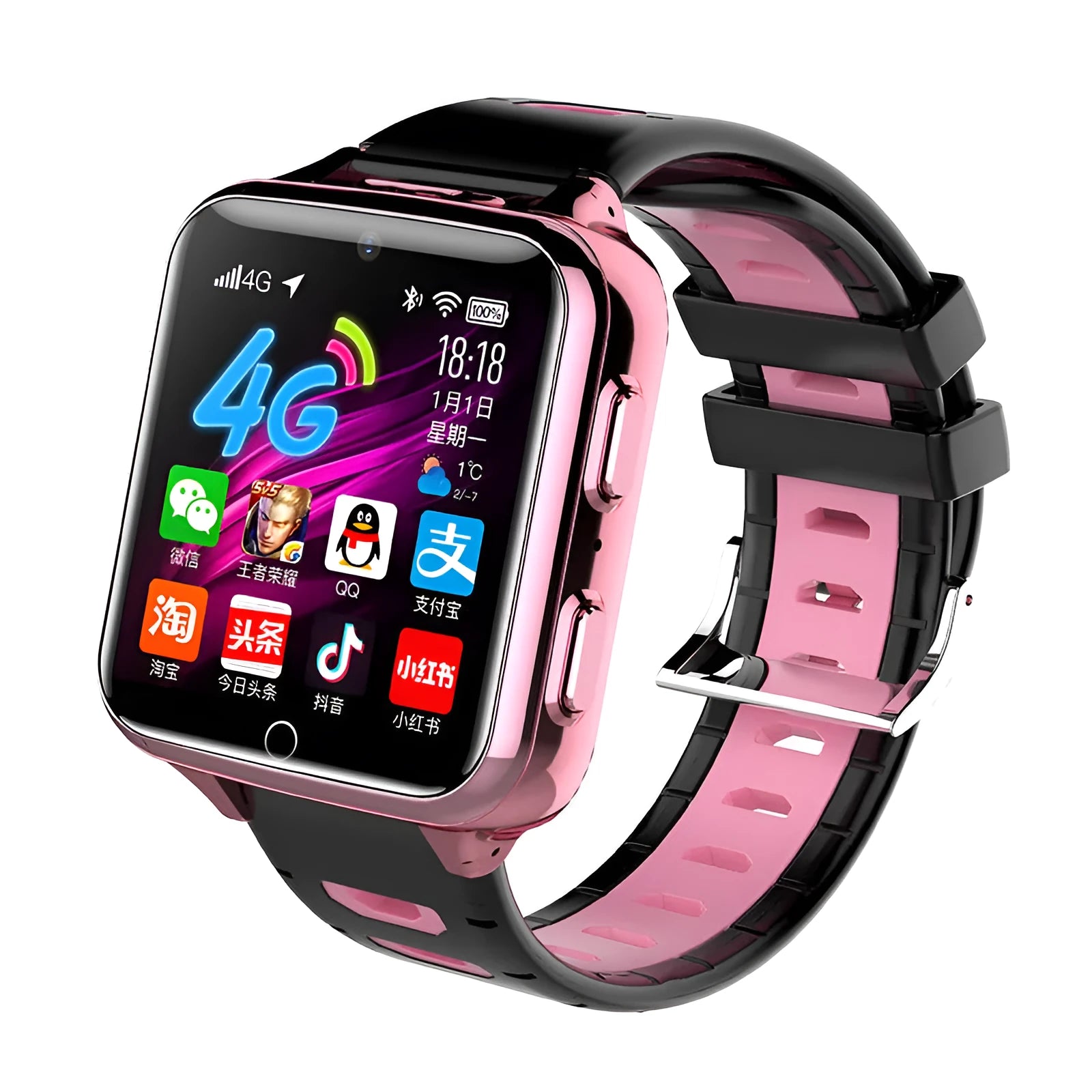 Children's smartwatch with colourful sporty silicone strap showing touch screen display and camera.