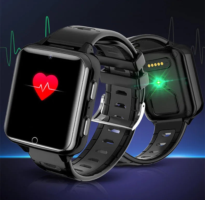 Children's smartwatch with colourful sporty silicone strap showing touch screen display and camera.