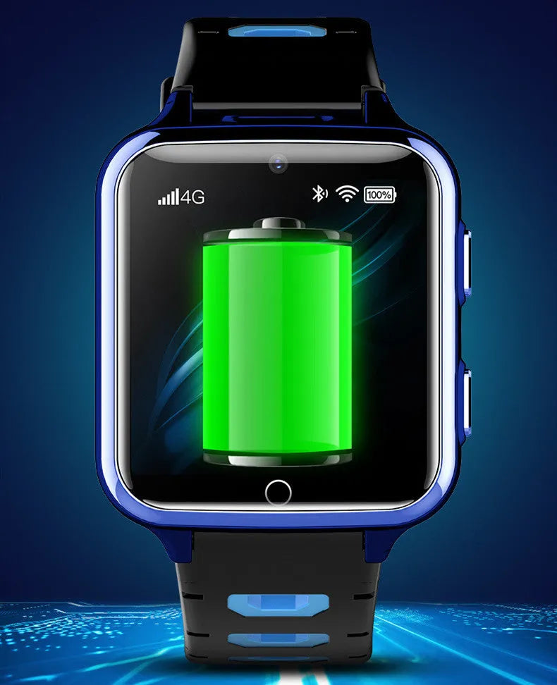 Children's smartwatch with colourful sporty silicone strap showing touch screen display and camera.