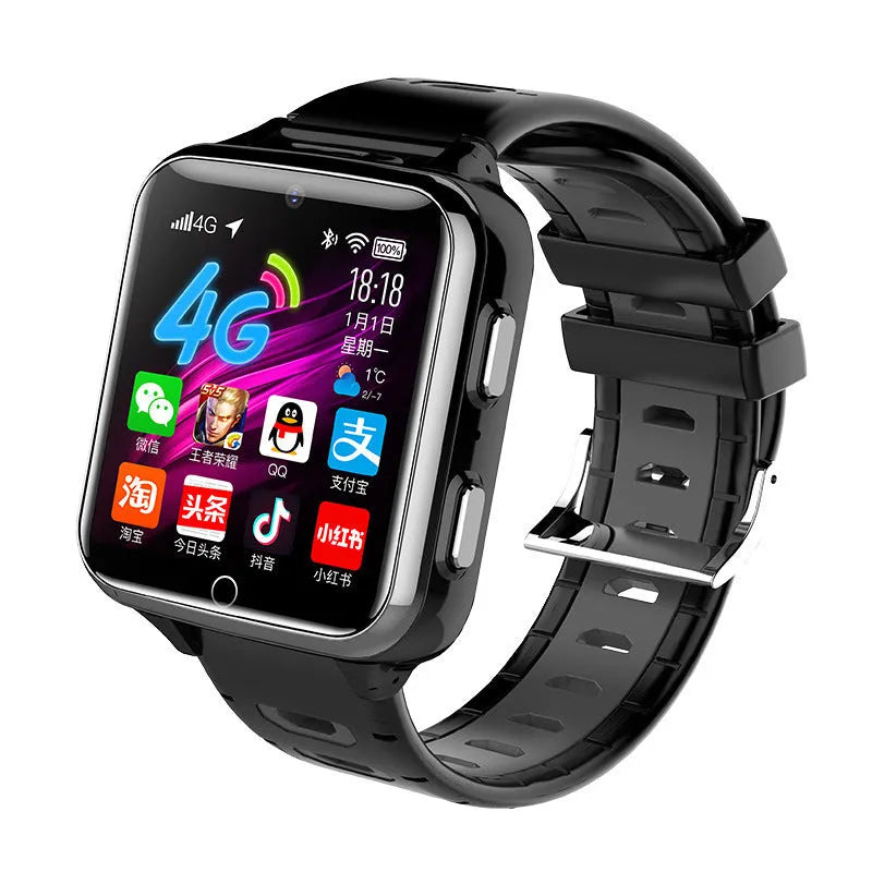 Children's smartwatch with colourful sporty silicone strap showing touch screen display and camera.