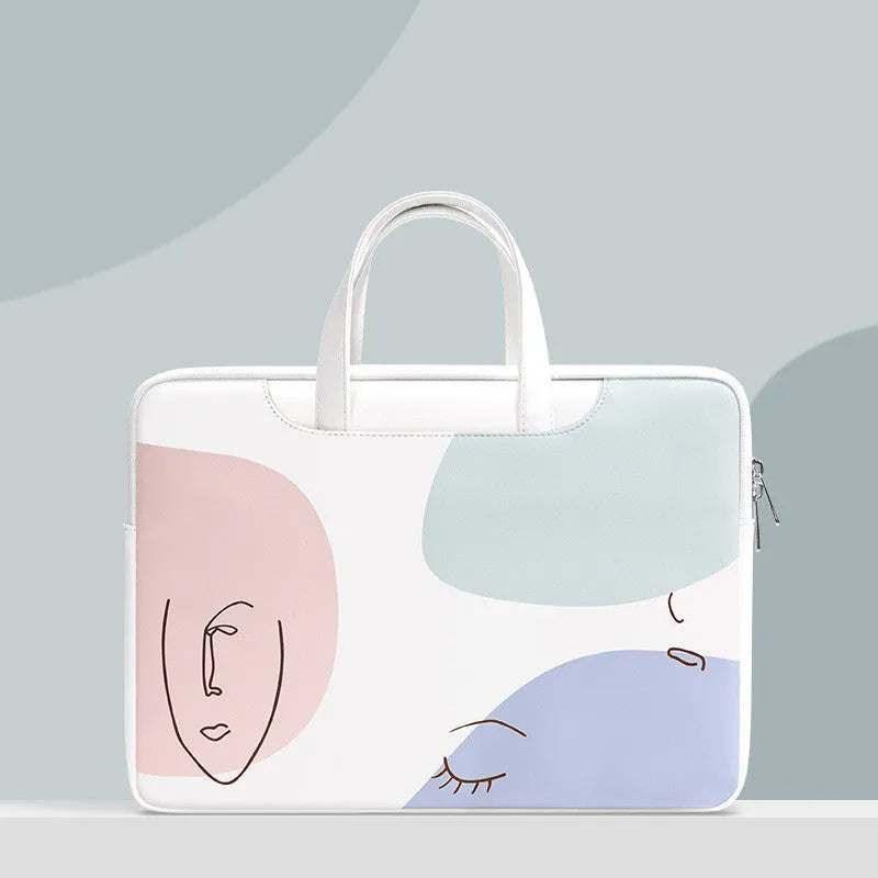 Blue PU leather laptop bag for girls with a soft handle and zipper opening.