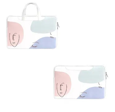 Blue PU leather laptop bag for girls with a soft handle and zipper opening.