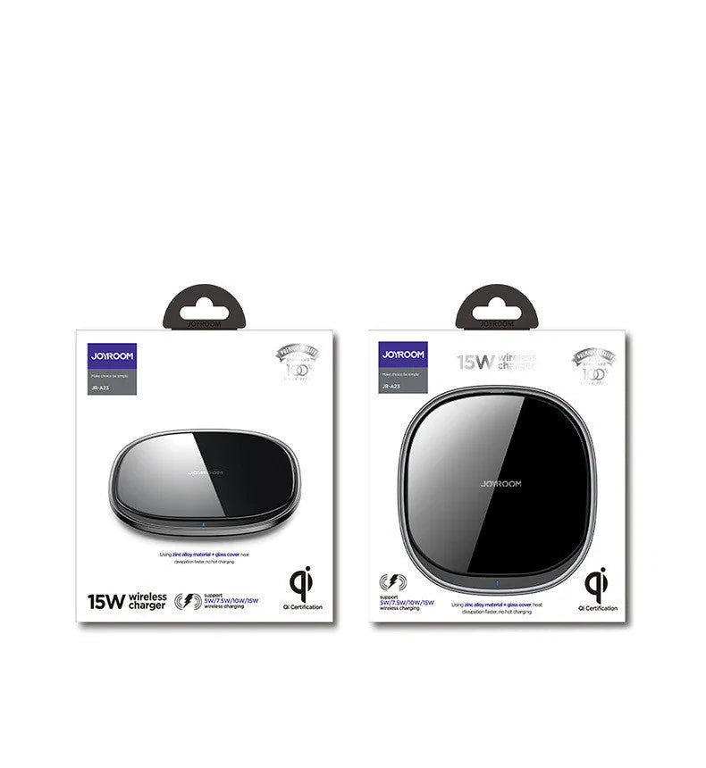 Square black 15W wireless charging pad with glass top and thin zinc alloy frame on a wooden desk