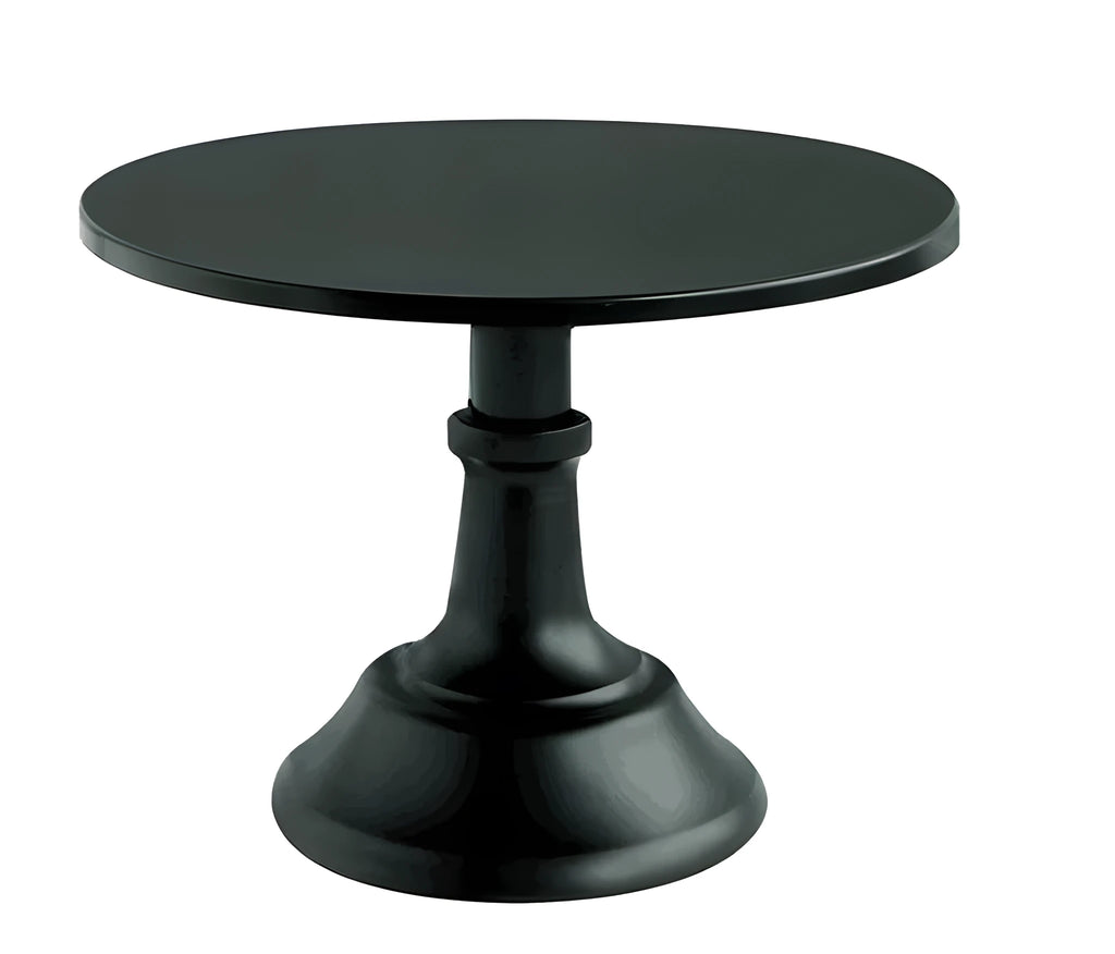 10 inch dessert high tray cake tray in black on a table with cakes and pastries displayed at raised height
