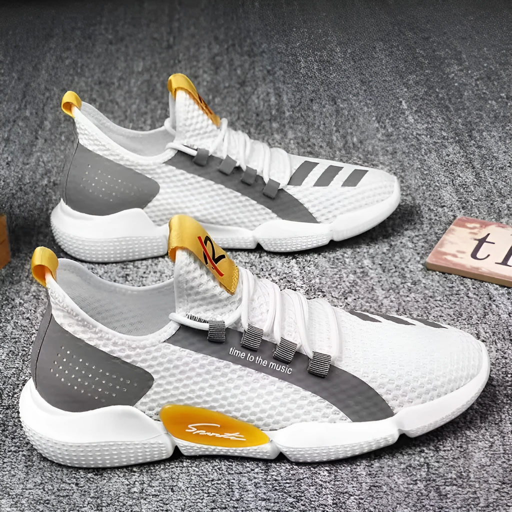 Pair of breathable net lace-up casual sports shoes in black, white, and yellow colour options