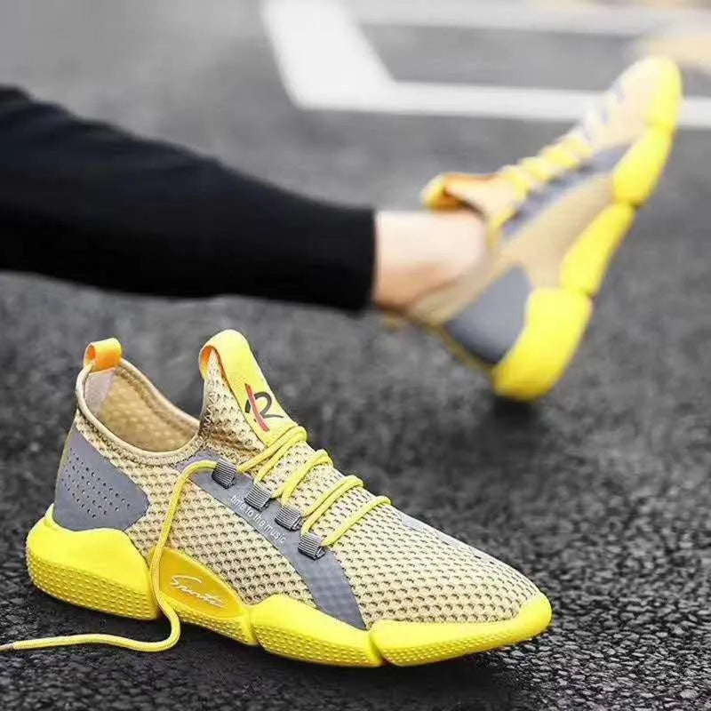 Pair of breathable net lace-up casual sports shoes in black, white, and yellow colour options
