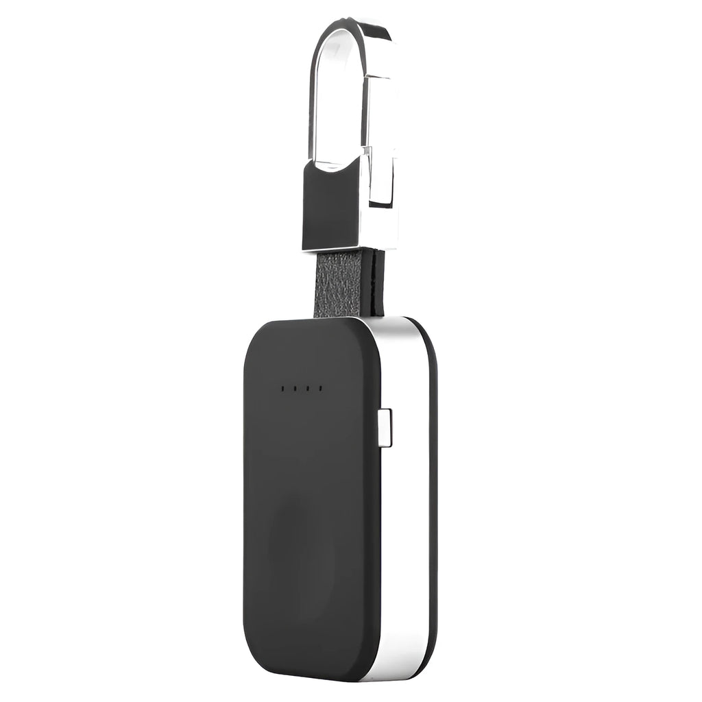 Black Apple Watch portable wireless power bank on a keyring showing compact size.