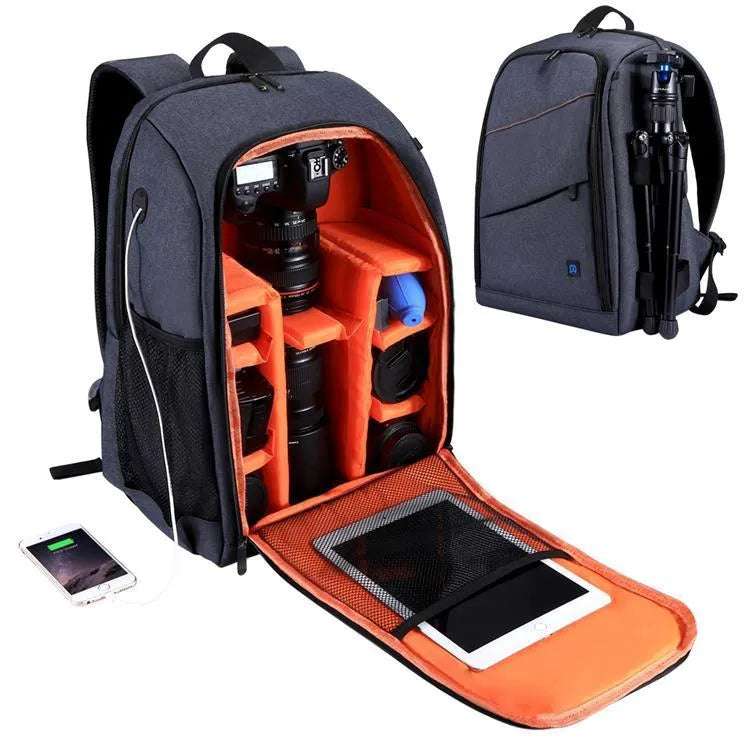 Black cotton photography mountaineering backpack with 20 litre capacity and 14 inch laptop fit