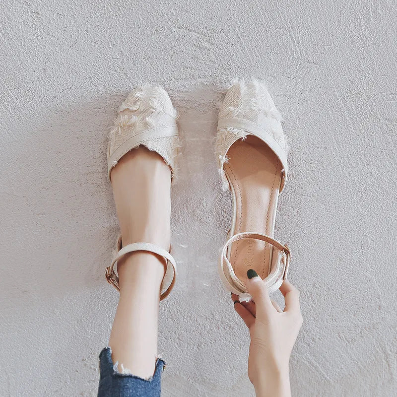 Women's apricot suede D'Orsay flats with an ankle strap and a 3cm low rubber sole.