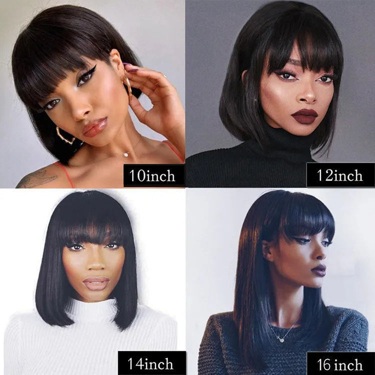 Black human hair wig with 10-inch medium length on a mannequin head
