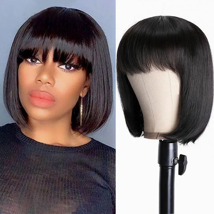 Black human hair wig with 10-inch medium length on a mannequin head