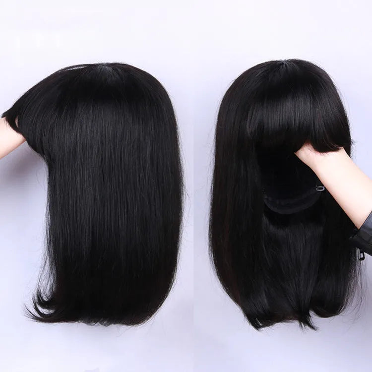 Black human hair wig with 10-inch medium length on a mannequin head