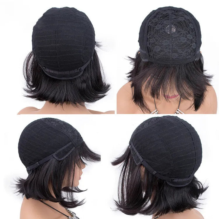 Black human hair wig with 10-inch medium length on a mannequin head