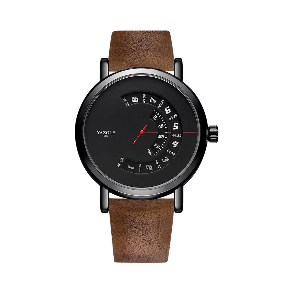 Men's turntable dial watch with metal case, analogue and digital display, and pin buckle strap